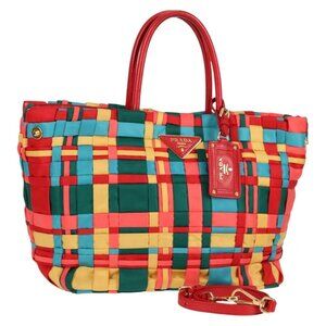 PRADA Hand Bag Nylon 2way Red Gold Auth